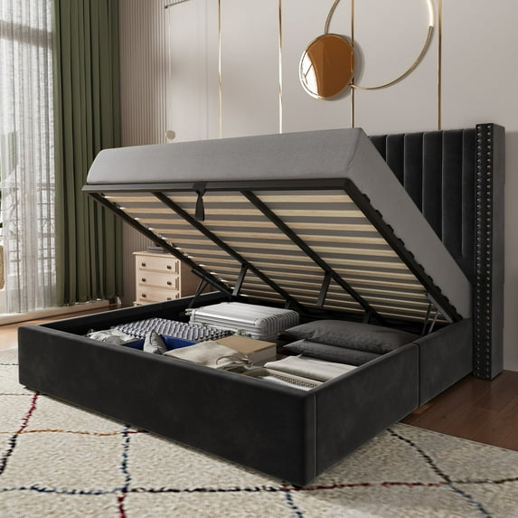 Merluxy King Bed Frame Lift Up Storage Bed,Velvet King Upholstered Bed Frame/Channel Tufted Wingback Headborad/No Box Spring Needed/Black