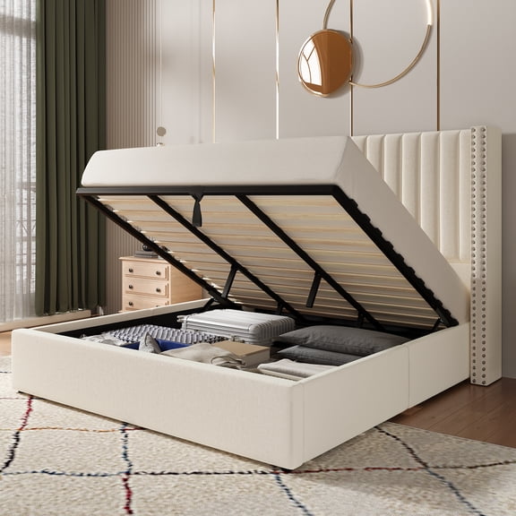 Merluxy King Bed Frame Lift Up Storage Bed, Velvet King Upholstered Bed Frame/Channel Tufted Wingback Headborad/No Box Spring Needed/Cream