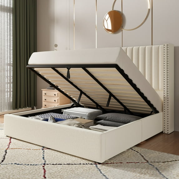 Merluxy King Bed Frame Lift Up Storage Bed, Velvet King Upholstered Bed Frame/Channel Tufted Wingback Headborad/No Box Spring Needed/Cream