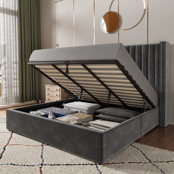 Merluxy King Bed Frame Lift Up Storage Bed, Velvet King Upholstered Bed Frame/Channel Tufted Wingback Headborad/No Box Spring Needed/Gray