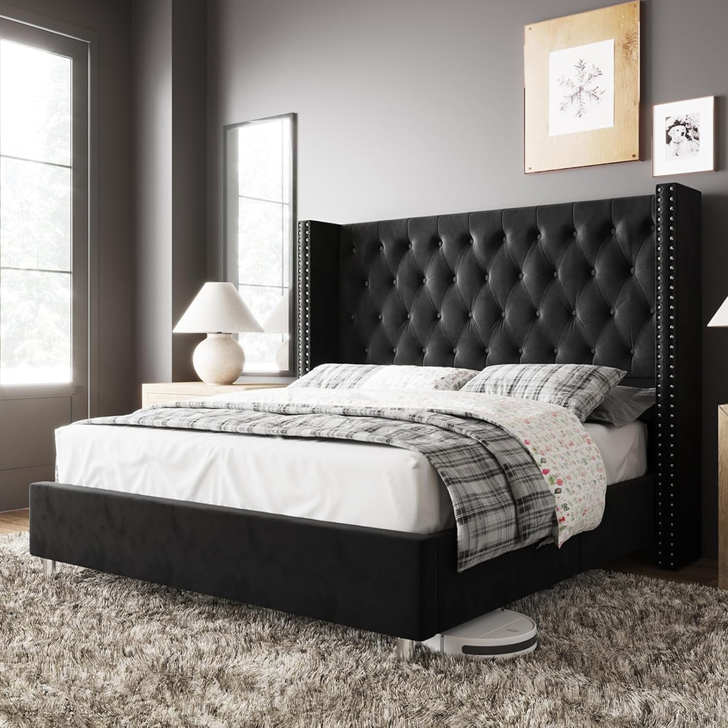 King Black Velvet Upholstered Bed with Tufted Wingback Headboard