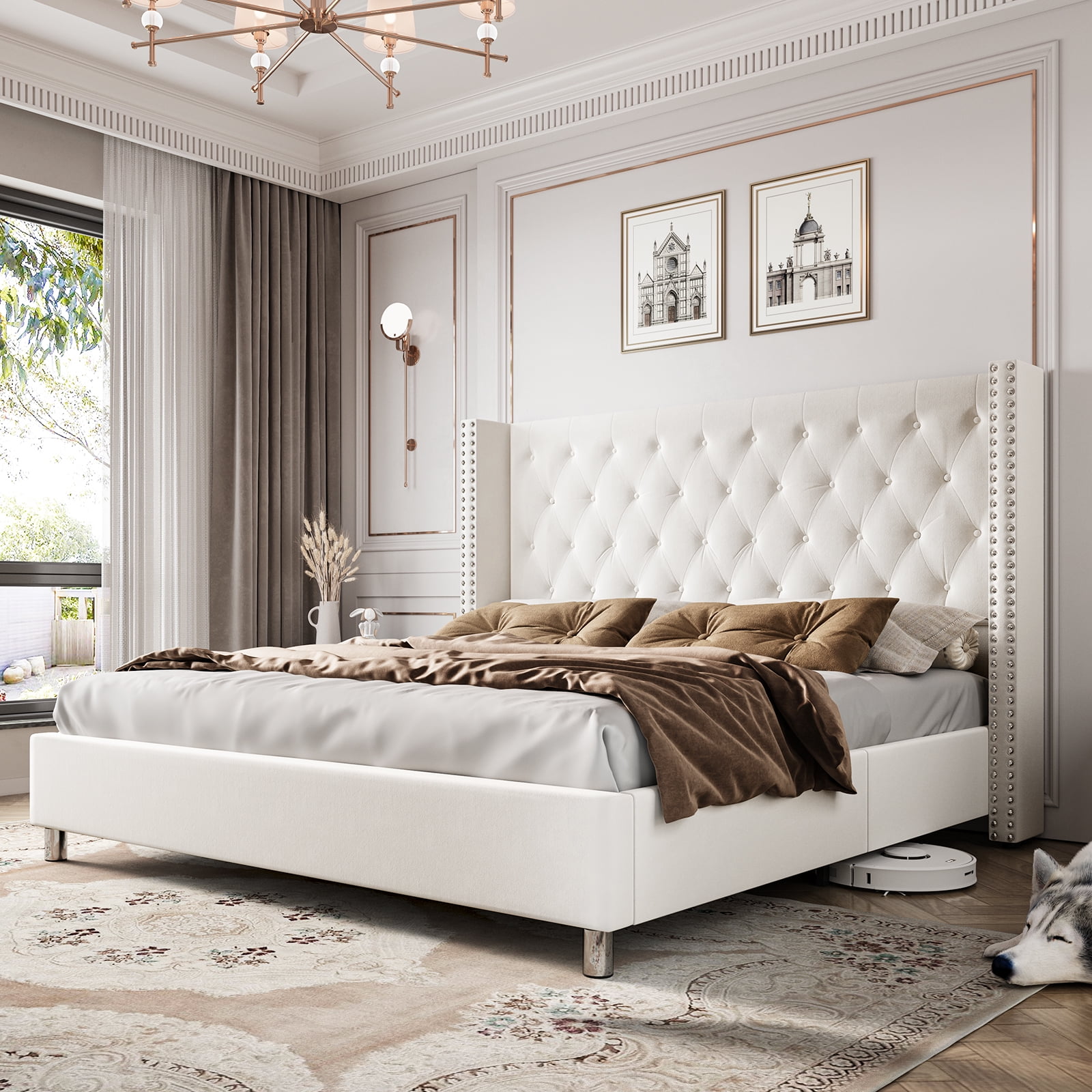 Jocisland King Size Bed Frame with Velvet Upholstered Jocisland King Size Bed Frame with Velvet Upholstered