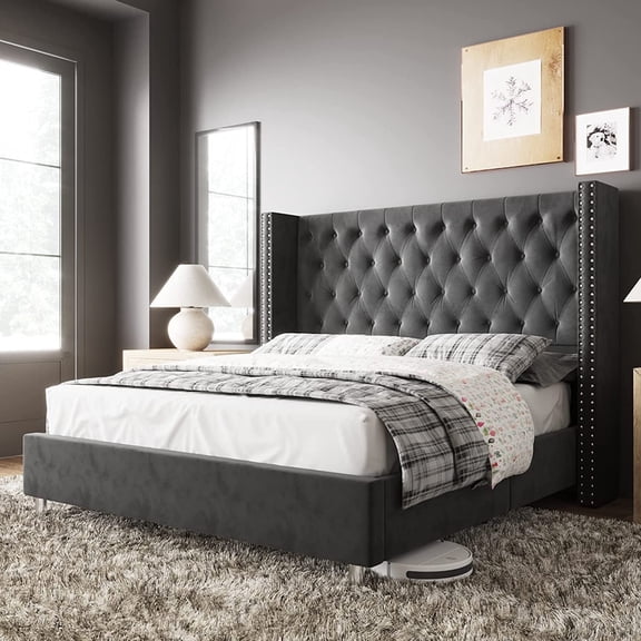 Merluxy King Bed Frame Upholstered Bed Wingback Headboard Velvet Tufted Diamond Button/No Box Spring Needed/Easy Assembly/Dark Gray