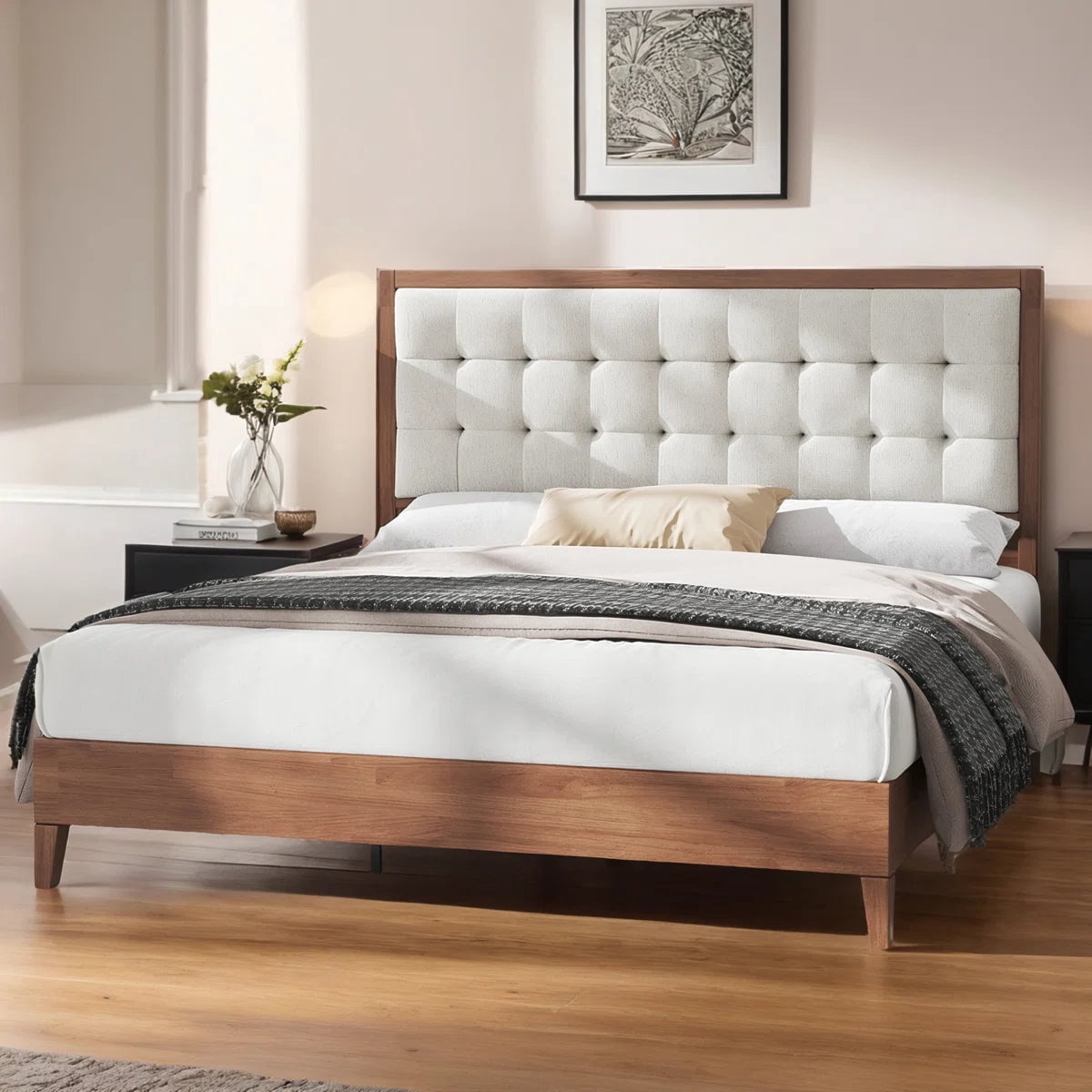 べットフレーム　クイーン Jocisland Queen Size Wood Platform Bed, Upholstered Tufted