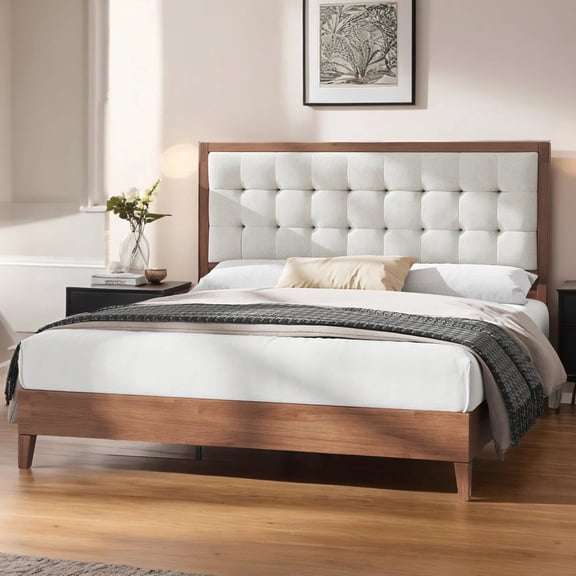 Merluxy King Bed Frame, Wood Platform Bed with Upholstered Headboard, Walnut