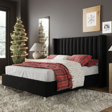 Merluxy King Bed Frame and Headboard Upholstered Wingback Bed,Black