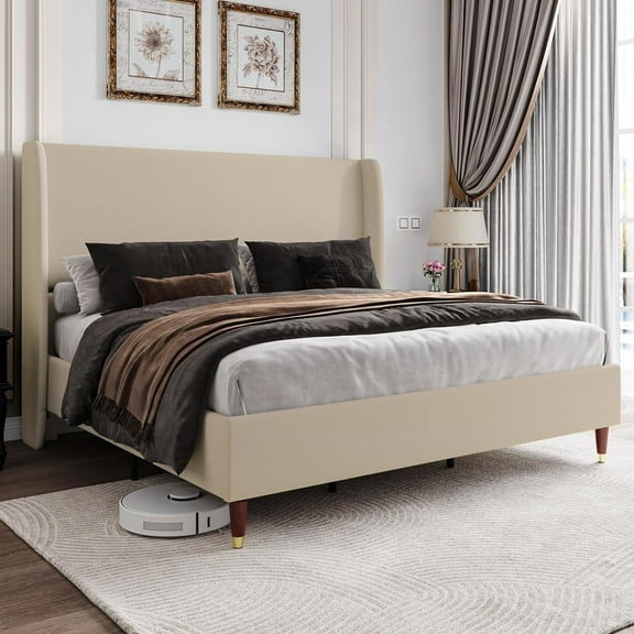 Merluxy King Bed Frame with 51.2" Wingback Headboard,Linen Upholstered,No Box Spring Needed,Brown