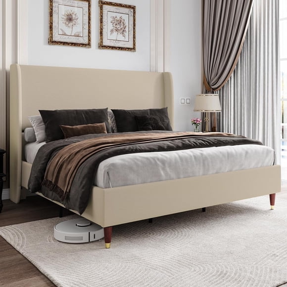 Merluxy King Bed Frame with 51.2" Wingback Headboard,Linen Upholstered,No Box Spring Needed,Brown