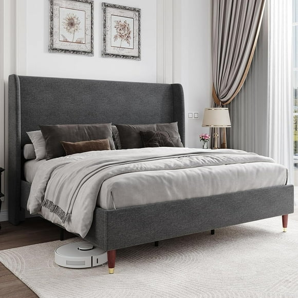 Merluxy King Bed Frame with 51.2" Wingback Headboard,Linen Upholstered,No Box Spring Needed,Dark Grey