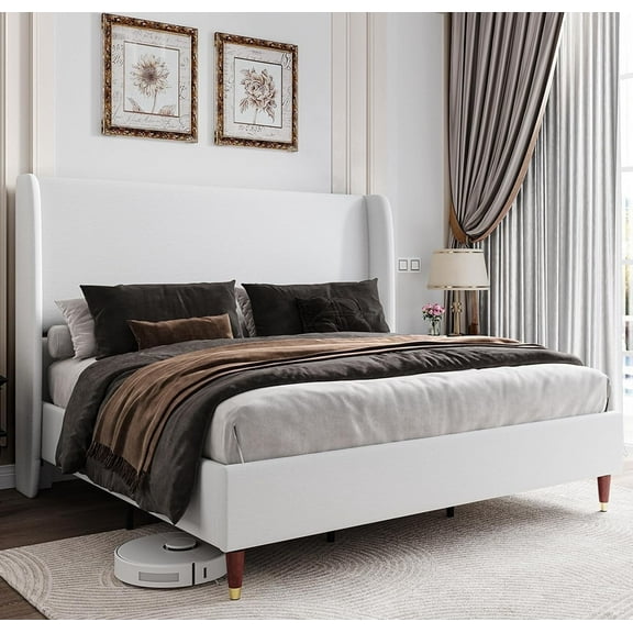 Merluxy King Bed Frame with 51.2" Wingback Headboard,Linen Upholstered,No Box Spring Needed,White