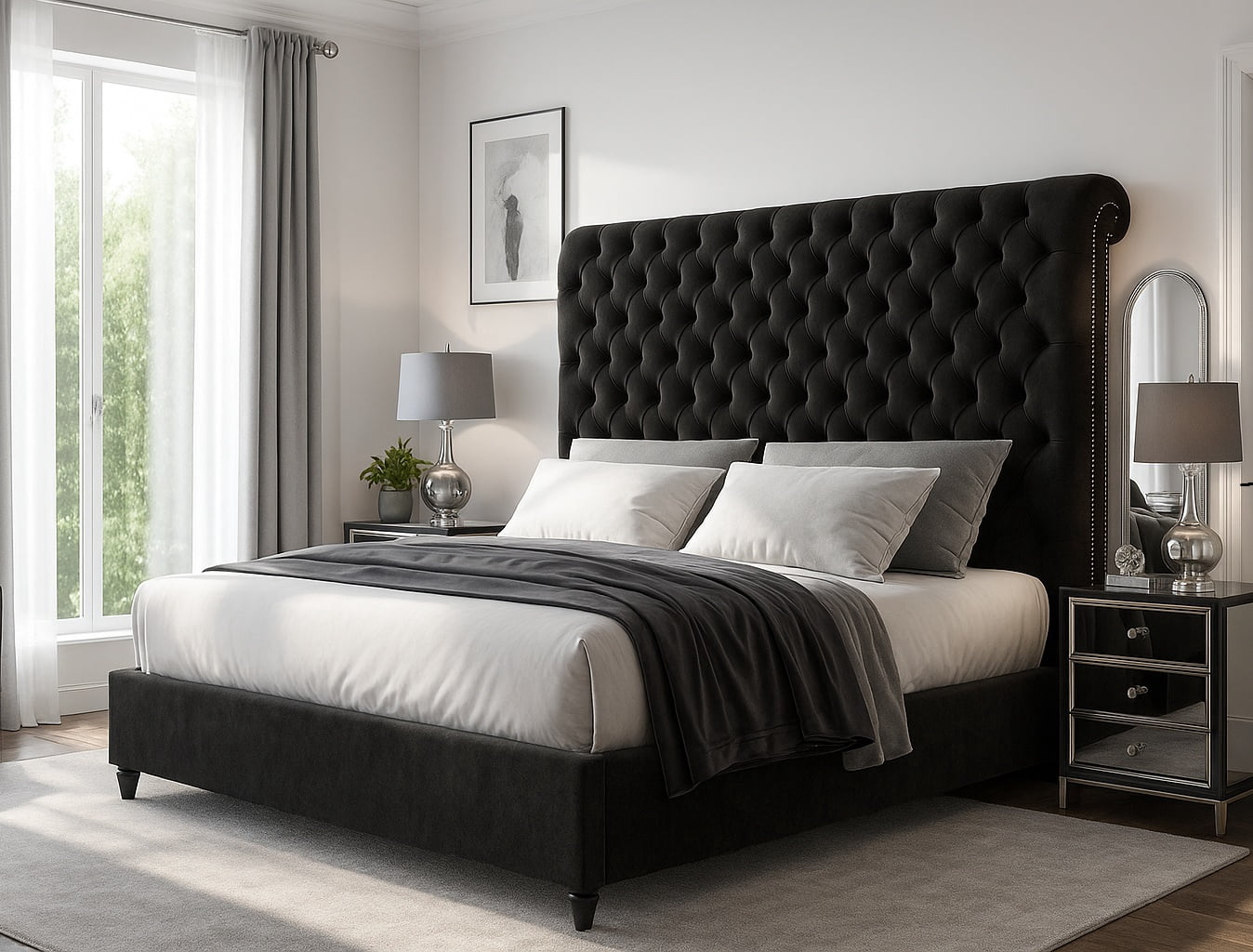 Merluxy King Bed Frame with 59.1" Sleigh Headboard,Velvet Upholstered,No Box Spring Needed,Black