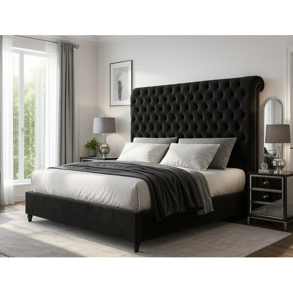 Merluxy King Bed Frame with 59.1" Sleigh Headboard,Velvet Upholstered,No Box Spring Needed,Black