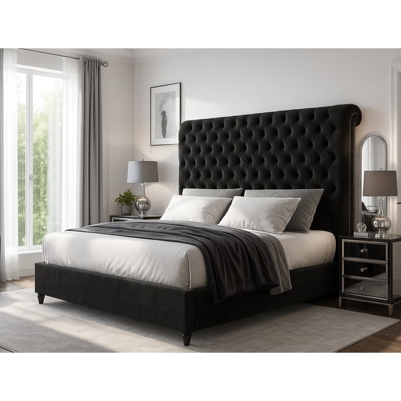 Merluxy King Bed Frame with 59.1" Sleigh Headboard,Velvet Upholstered,No Box Spring Needed,Black