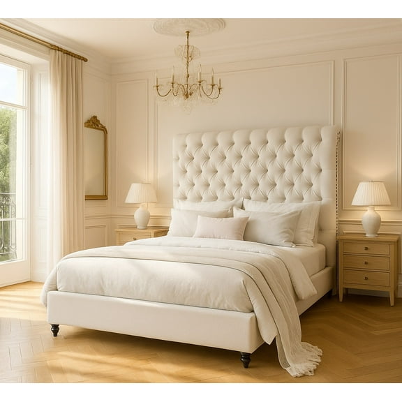 Merluxy King Bed Frame with 59.1" Sleigh Headboard,Velvet Upholstered,No Box Spring Needed,Cream