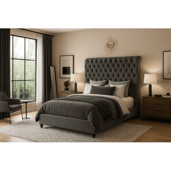 Merluxy King Bed Frame with 59.1" Sleigh Headboard,Velvet Upholstered,No Box Spring Needed,Light Gray