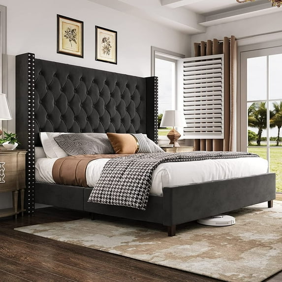 Merluxy King Bed Frame with 61.4" Handmade Deep Button Tufted Headboard/Black