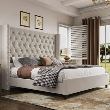 Merluxy King Bed Frame with 61.4" Handmade Deep Button Tufted Headboard/Cream