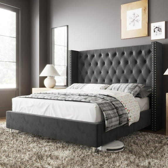 Merluxy King Bed Frame with Button Tufting Headbord,Velvet Upholstered,No Box Spring Needed,Grey