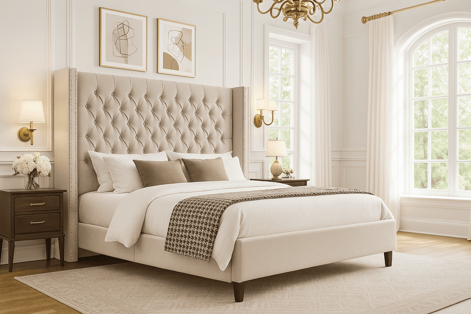Merluxy King Bed Frame with Deep Button Tufted and Velvet Wingback Headboard,No Box Spring Needed,Cream