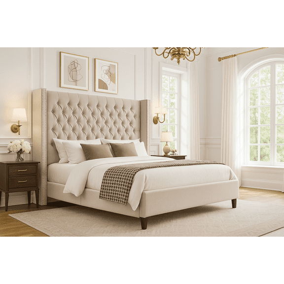 Merluxy King Bed Frame with Deep Button Tufted and Velvet Wingback Headboard,No Box Spring Needed,Cream