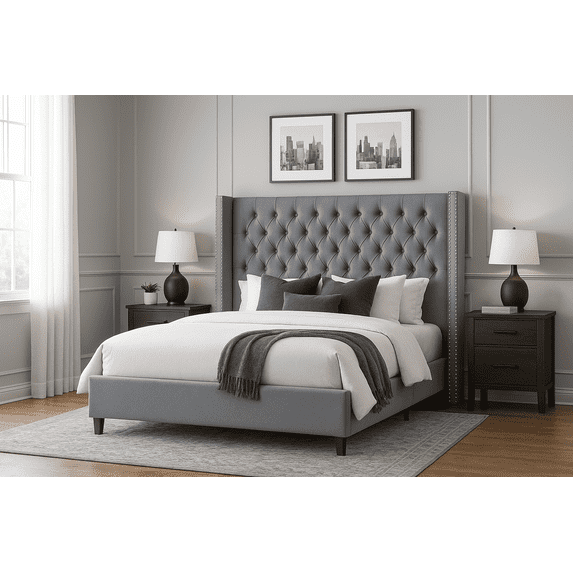 Merluxy King Bed Frame with Deep Button Tufted and Velvet Wingback Headboard,No Box Spring Needed,Light Gray