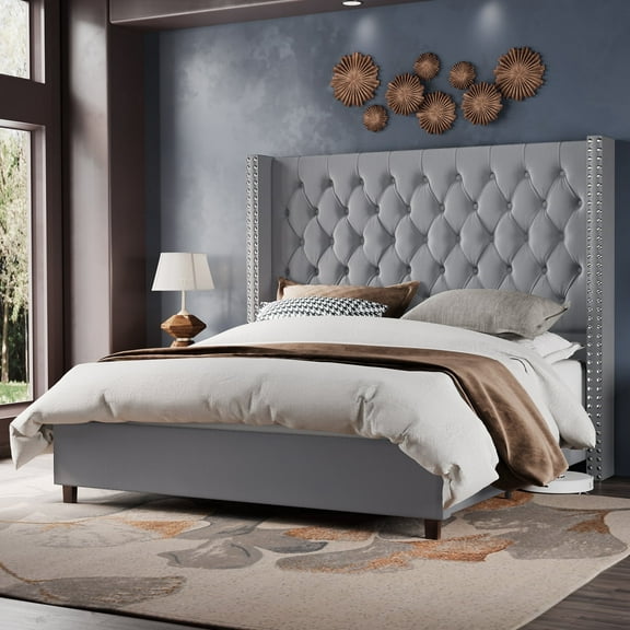 Merluxy King Bed Frame with Deep Button Tufting and 61.4" Tall Headbord,Velvet Upholstered,Grey