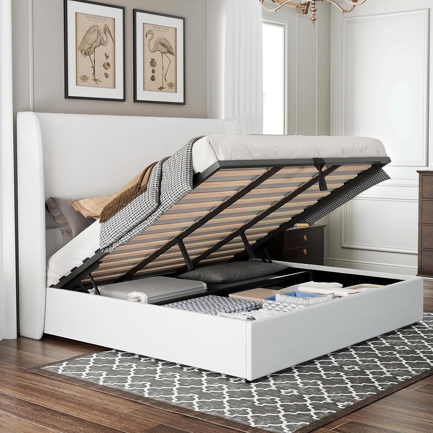 Merluxy King Bed Frame with Lift-Up Storage, Linen Upholstered Platform, Wingback Headboard, No Box Spring Needed, White