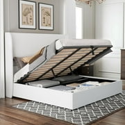 Merluxy King Bed Frame with Lift-Up Storage, Linen Upholstered Platform, Wingback Headboard, No Box Spring Needed, White