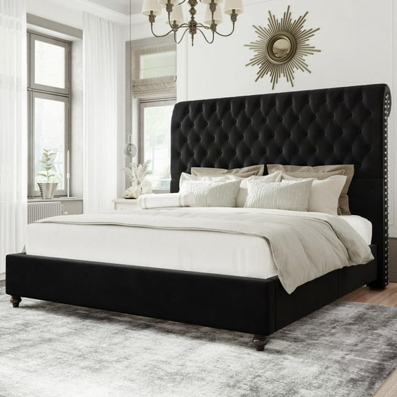 Merluxy King Bed Frame with Sleigh and Button Tufted Headboard,Velvet Upholstered,Black