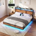 thumbnail image 1 of Merluxy King Floating Bed Frame with LED Lights, Industrial Platform Bed with Charging Station, 2 Levels Storage Headboard/Rustic Brown, 1 of 8