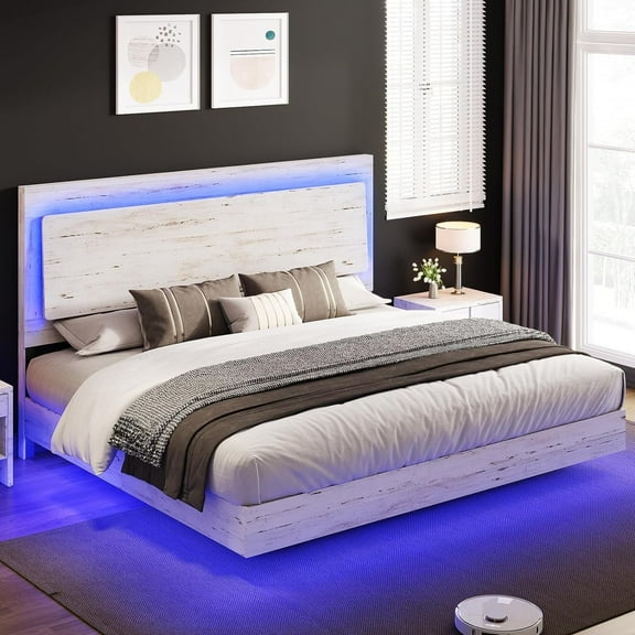 Merluxy King Floating Bed Frame with Recline Headboard,LED Light, No Box Spring Needed/Noise Free, Distressed White
