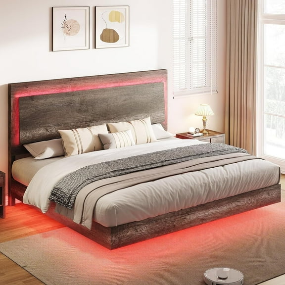 Merluxy King Floating Bed Frame with Recline Headboard,LED Light, No Box Spring Needed/Noise Free,Washed Gray