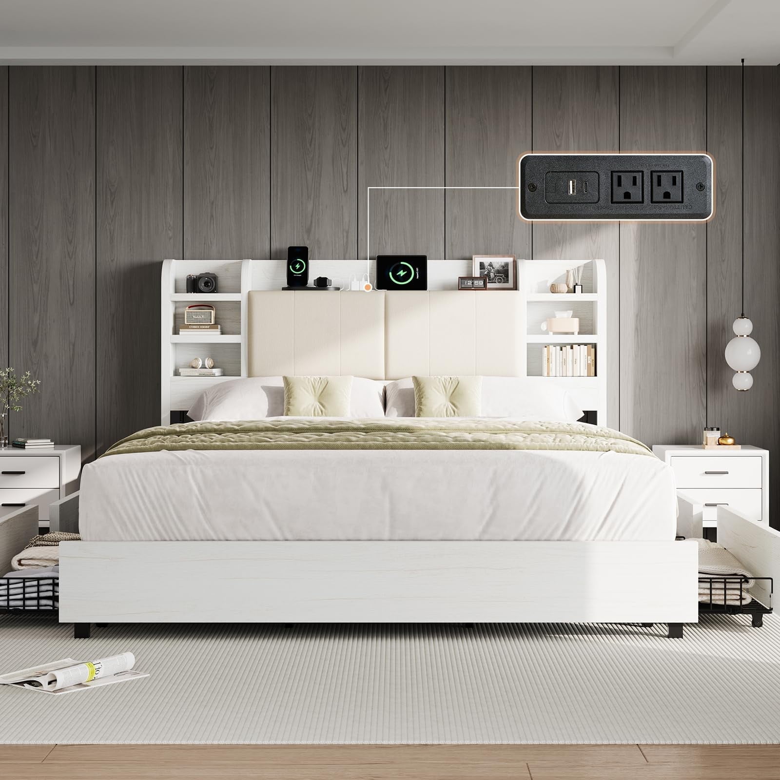 Merluxy King Size Bed Frame with 4 Storage Drawers, Upholstered Bed ...