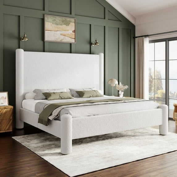 Merluxy King Size Bed Frame, Boucle Upholstered Bed Frame with Charging Station, Platform Bed with Soft Rounded Corners, Easy Assembly, No Box Spring Required, White
