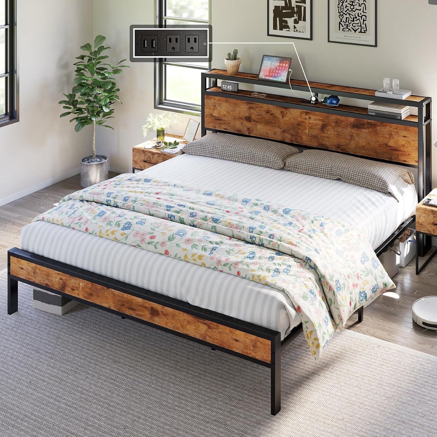 Merluxy King Size Bed Frame Industrial Platform Bed with Charging Station, 2-Tier Storage Headboard/ No Box Spring Needed/ Noise-Free/ Dark Brown