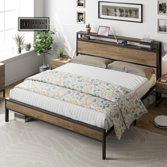 Merluxy King Size Bed Frame Industrial Platform Bed with Charging Station, 2-Tier Storage Headboard/ No Box Spring Needed/ Noise-Free/ Rustic Brown