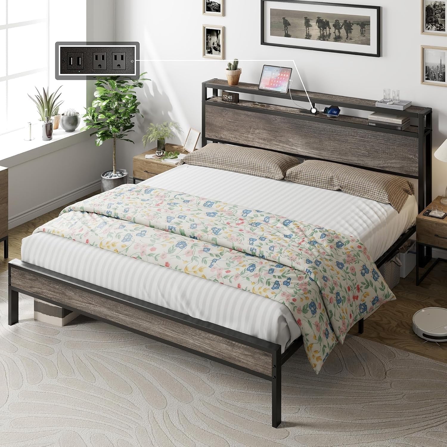 Merluxy King Size Bed Frame Industrial Platform Bed with Charging Station, 2-Tier Storage Headboard/ No Box Spring Needed/ Noise-Free/ Rustic Gray