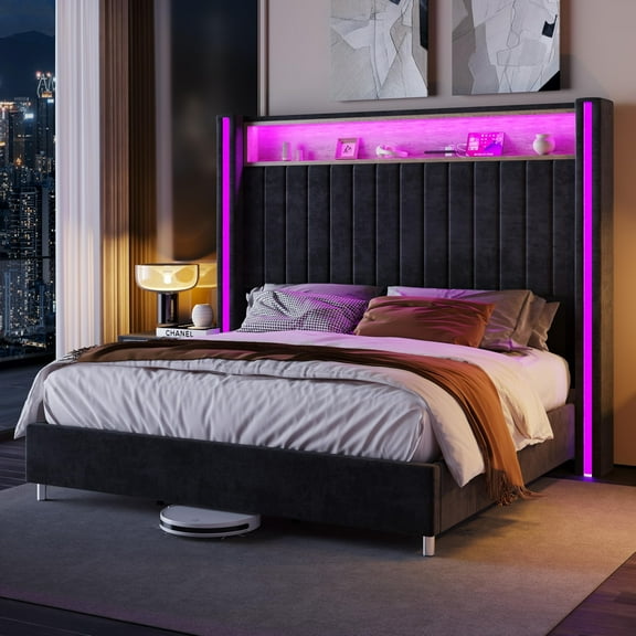 Merluxy King Size Bed Frame with LED Lights and Charging Station, Velvet Upholstered Platform Bed with 53" Tall Storage Headboard and Wingbacks, Black