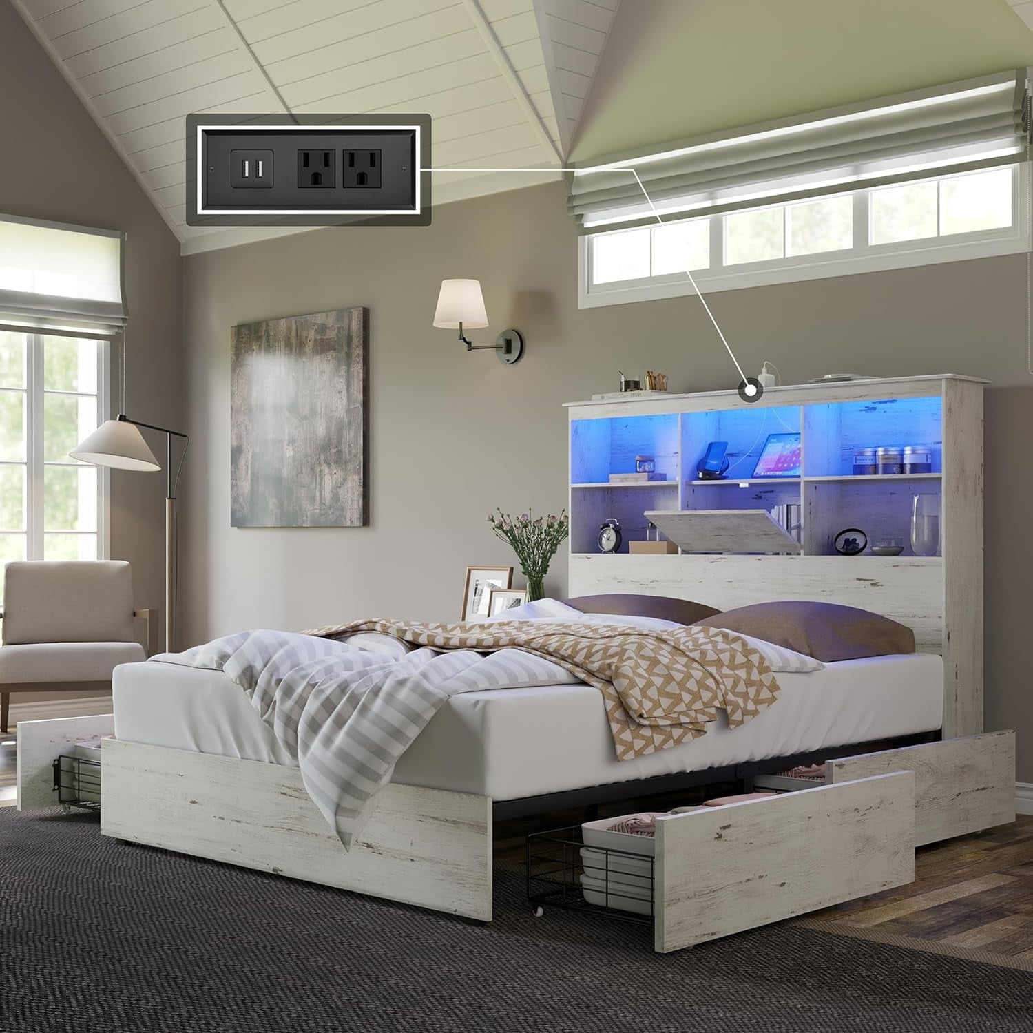 AMERLIFE King Size Bed Frame with LED Bookcase Headboard, 4 Drawers ...