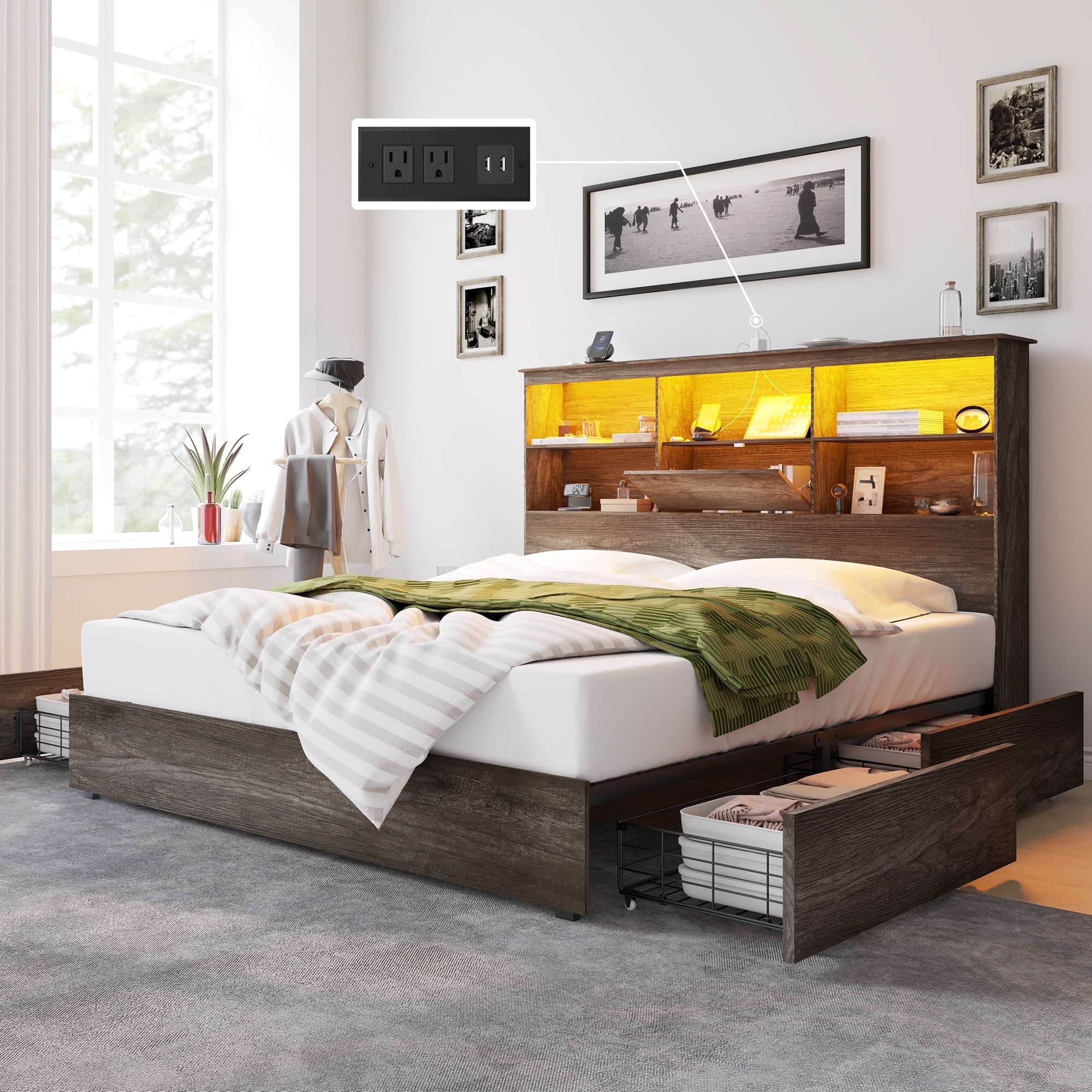 Merluxy King Size Bed Frame Wooden Platform Bed with Storage Bookcase Headboard, 4 Storage Drawers & Charging Station/Noise Free/Rustic Grey