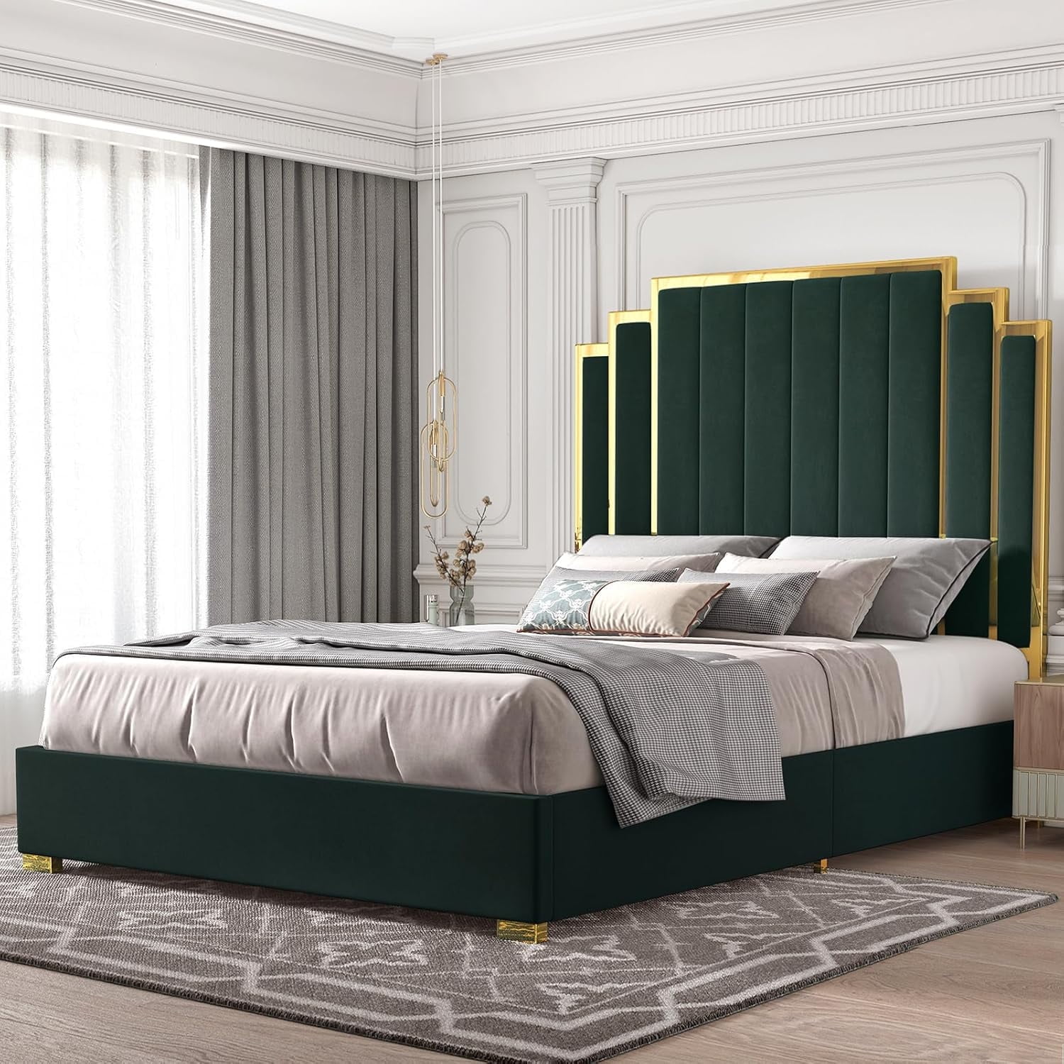 Merluxy King Size Bed Frame and 61" Headboard, Upholstered Bed with Golden Plating Trim, Modern Platform Bed No Box Spring Needed, Green