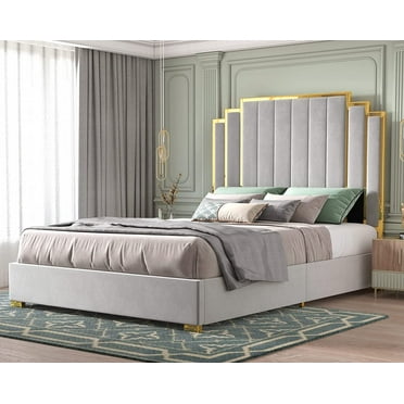 Merluxy King Size Bed Frame and 61" Headboard, Upholstered Bed with Golden Plating Trim, Modern Platform Bed No Box Spring Needed, Light Grey