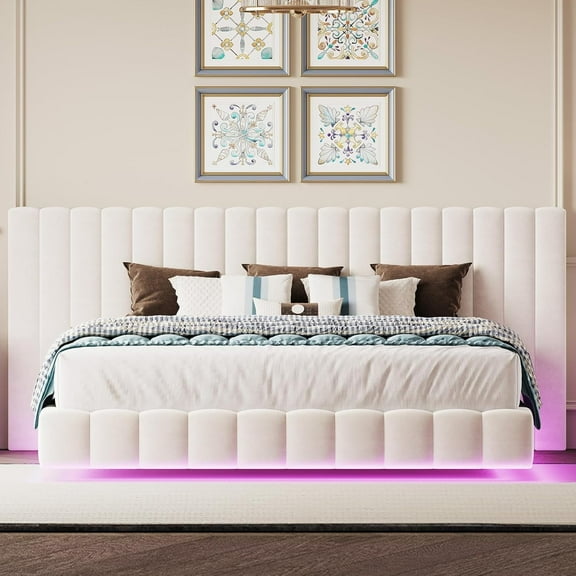 Merluxy King Size Bed Frame with Oversized Headboard,Floating Design,RGB LED Lights,No Box Spring Needed,Velvet Cream