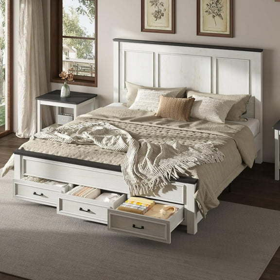 Merluxy King Size Farmhouse Bed Frame with 52.2" Wood Headboard & Storage Drawers, Rustic White