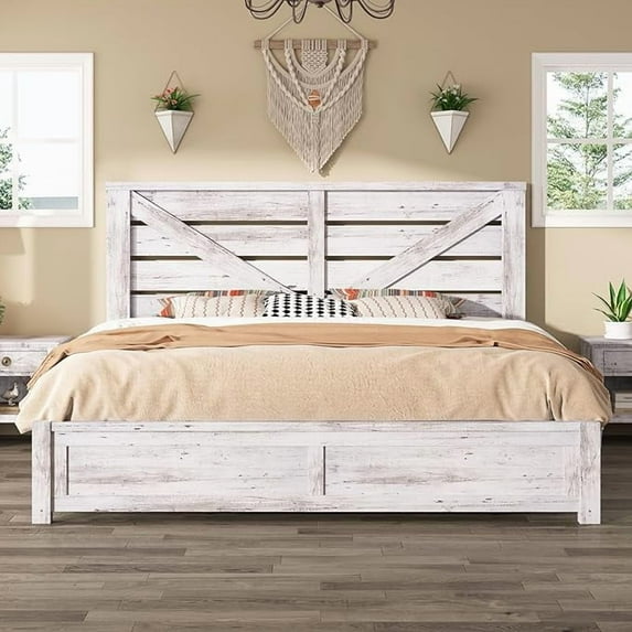 Merluxy King Size Farmhouse Bed Frame with Barn Door Headboard, Platform Bed Frame with Wood Slats, Under Bed Storage Space, Distressed White