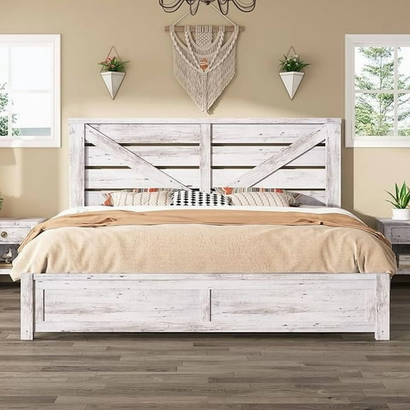 Merluxy King Size Farmhouse Bed Frame with Barn Door Headboard, Platform Bed Frame with Wood Slats, Under Bed Storage Space, Distressed White