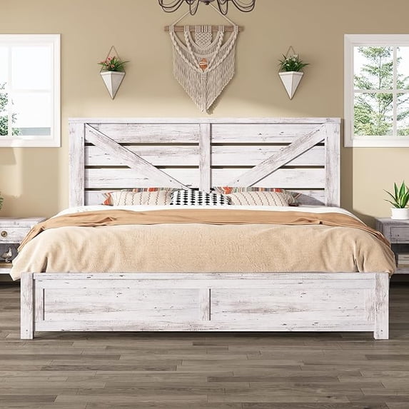 Merluxy King Size Farmhouse Bed Frame with Barn Door Headboard ...