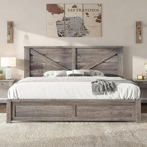Merluxy King Size Farmhouse Bed Frame with Barn Door Headboard, Platform Bed Frame with Wood Slats, Under Bed Storage Space, Rustic Gray