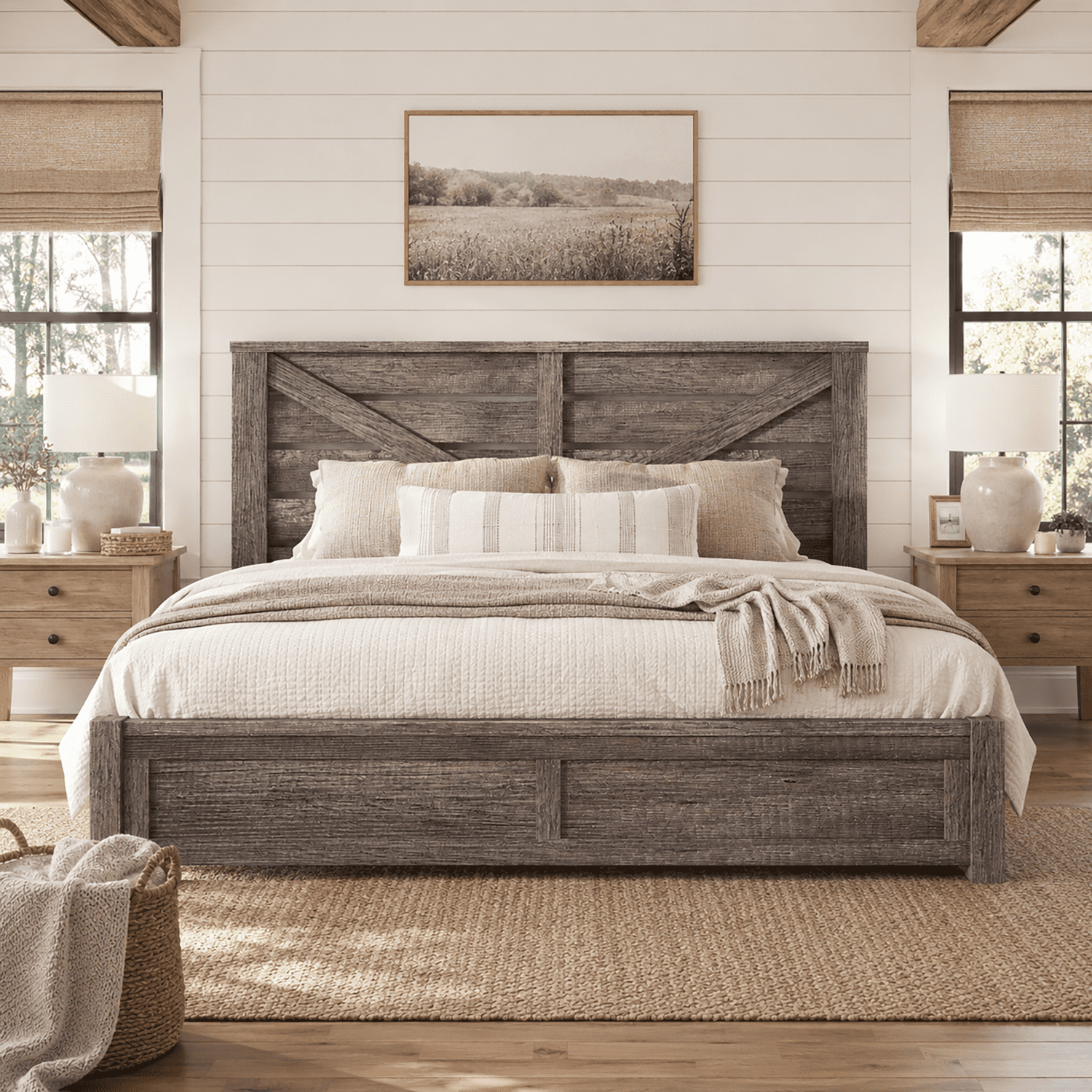 Merluxy King Size Farmhouse Bed Frame with Barn Door Headboard, Platform Bed Frame with Wood Slats, Under Bed Storage Space, Rustic Gray