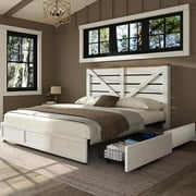 Merluxy King Size Farmhouse Bed Frame with Headboard, Wooden Storage Bedroom Furniture, White